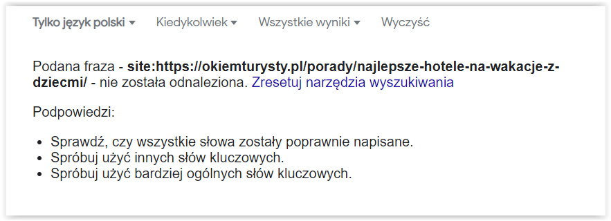 Komunikat Google o braku wyników dla zapytania site: niezindeksowanej podstrony