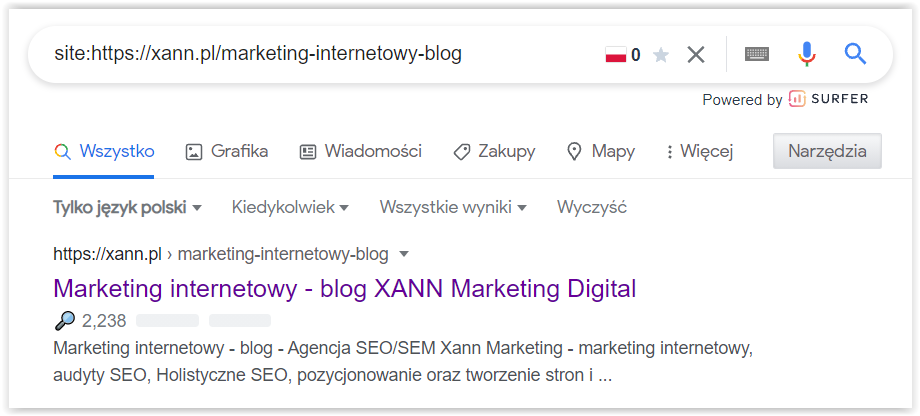Wynik wyszukiwania site: pokazujący zindeksowaną podstronę