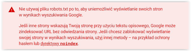 Fragment dokumentacji Google o tym, że robots.txt nie służy do wykluczania stron z indeksu