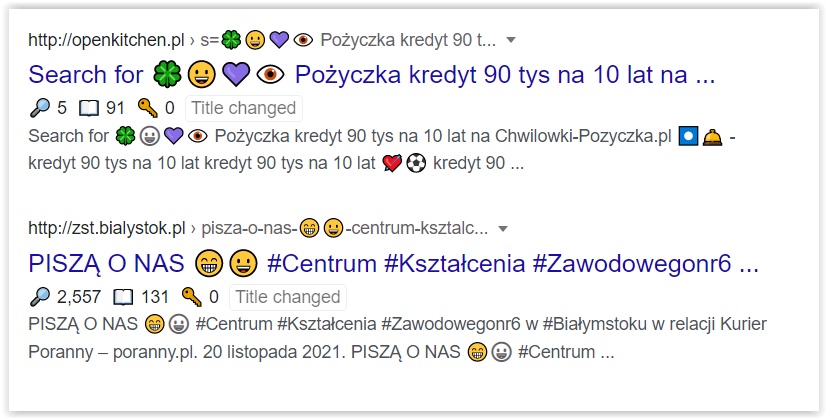 Wynik wyszukiwania Google z emoji w tytule i opisie