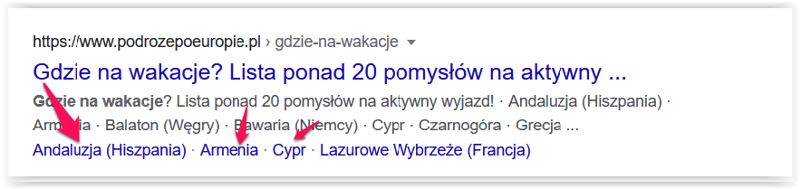 Wynik wyszukiwania Google z linkami do sekcji artykułu