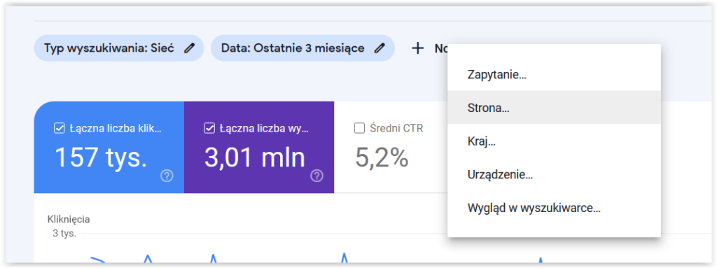 Filtr strony w raporcie Skuteczność Google Search Console