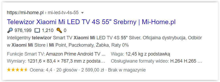 Wynik rozszerzony w Google z oceną w gwiazdkach i ceną produktu