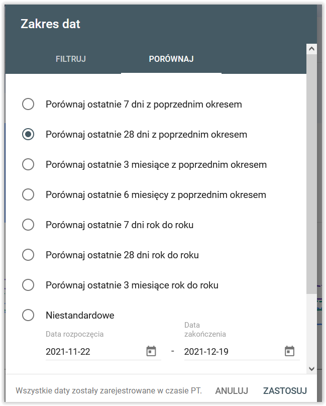 Porównanie okresów w raporcie Skuteczność Google Search Console