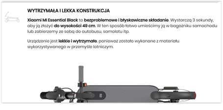 Opis hulajnogi elektrycznej podzielony na sekcje z nagłówkami i grafikami