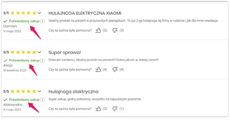Sekcja opinii kupujących z oceną gwiazdkową na karcie produktu