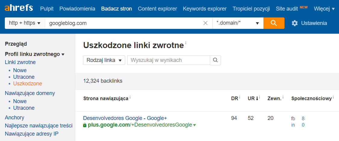 Raport uszkodzonych linków zwrotnych w Ahrefs z adresami zwracającymi błąd 404